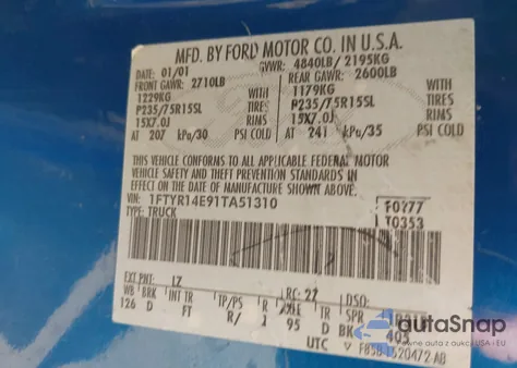 2001 Ford Ranger Edge/Xlt from USA, damaged, VIN 1FTYR14E91TA51310